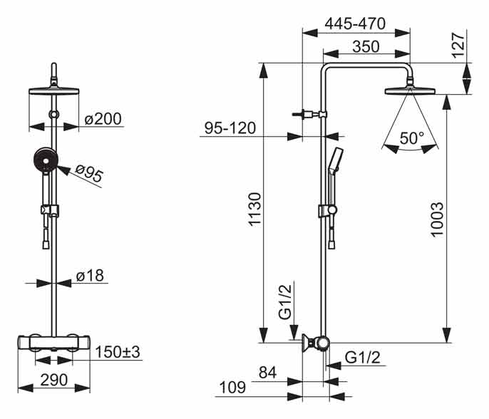 Hansa Micra Duschsystem mit Thermostat Maßskizze