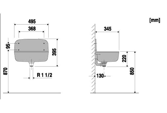 Abu Ausgussbecken Kunststoff mit Rückwand Maßskizze