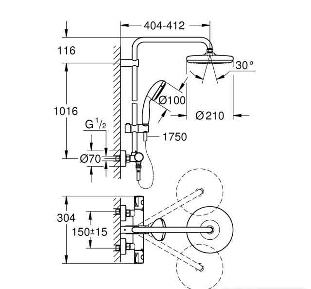 Grohe Duschsystem 210 Maßskizze 