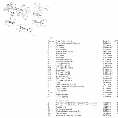 Grohe Explosionszeichnung zu 34411 Grohterrn Unterputz Thermostat 