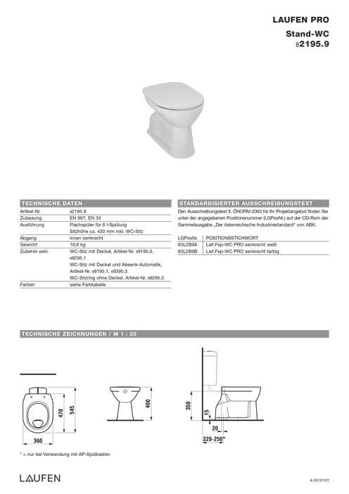 Laufen Stand WC Pro Flach 2195.9 Datenblatt 