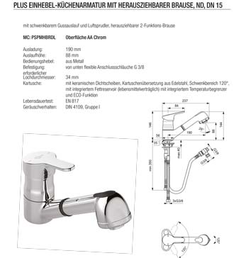 Küchenmischer drucklos mit Brause