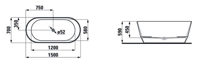 Laufen Pro Badewanne freistehend 1500 mm mit Abmessungen 