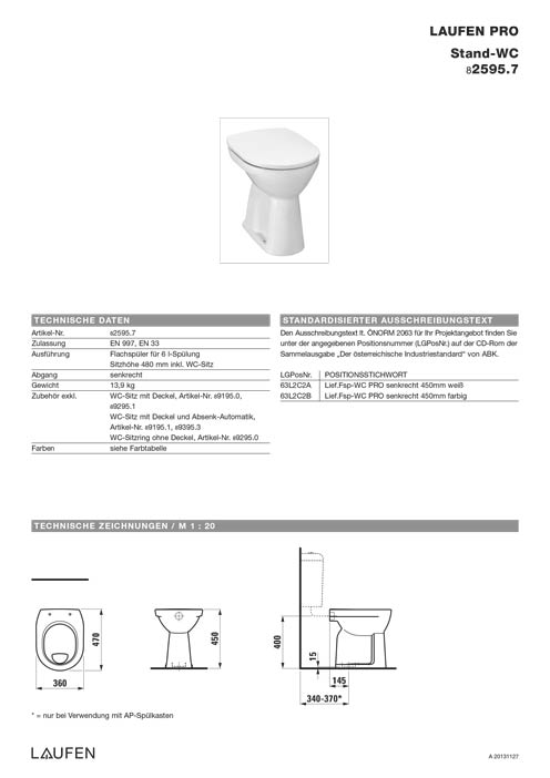 Laufen Pro Stand WC Flach erhöht 2595.7 Datenblatt