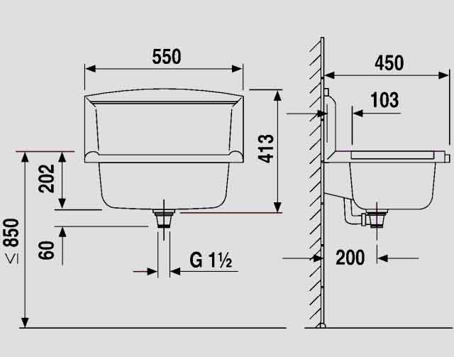 Abu Multifunktionsbecken Kunststoff granit mit Rückwand Maßskizze 