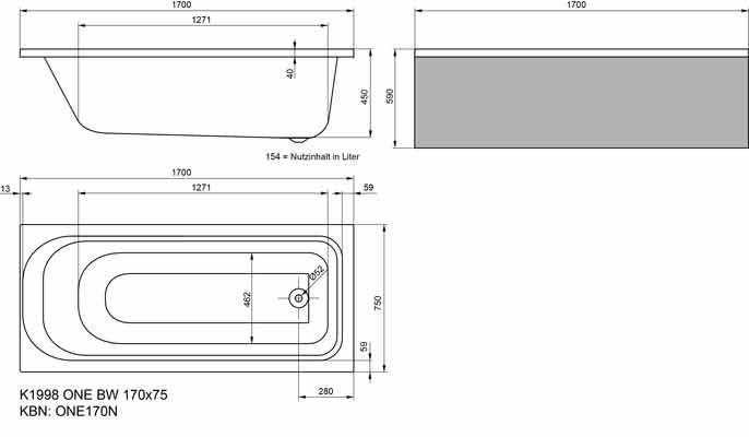 Badwanne Vigour One 1700X750 mm  fix fertig mit Träger aufgeschäumt