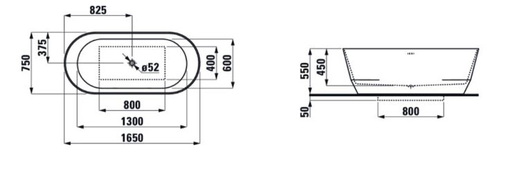 Laufen Pro Badewanne freistehend 1650 mm mit Abmessungen 