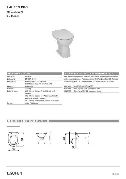 Laufen 2195.8 Stand WC Pro Datenblatt 
