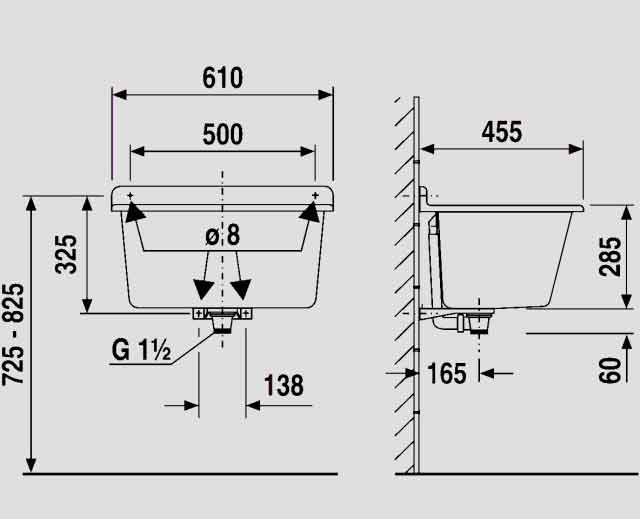 Abu Waschtrog Kunststoff granit mit Überlauf Maßskizze